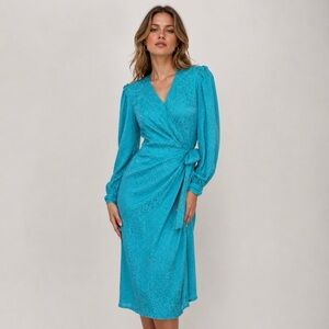 Argenti Vintage Silk Wrap Midi Dress | Teal Turquoise | Small 4–6 | 80s Glam